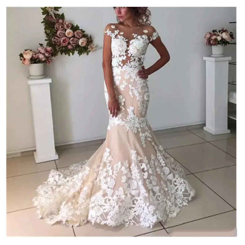 

Eightale Mermaid Champagne Wedding Dresses 2019 Backless Sherr Illusion Appliques Robe De Mariee Vintage Lace Bridal Gown