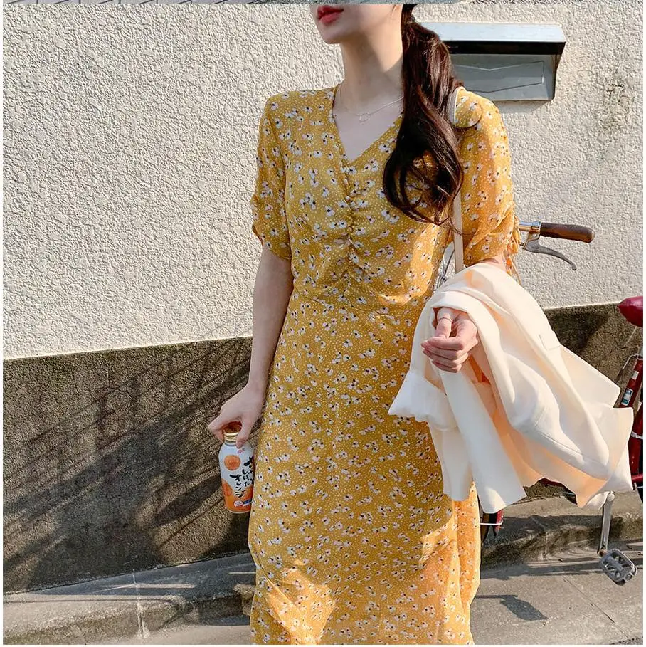Женское шифоновое платье Boho OL желтое Повседневное с v образным вырезом и коротким
