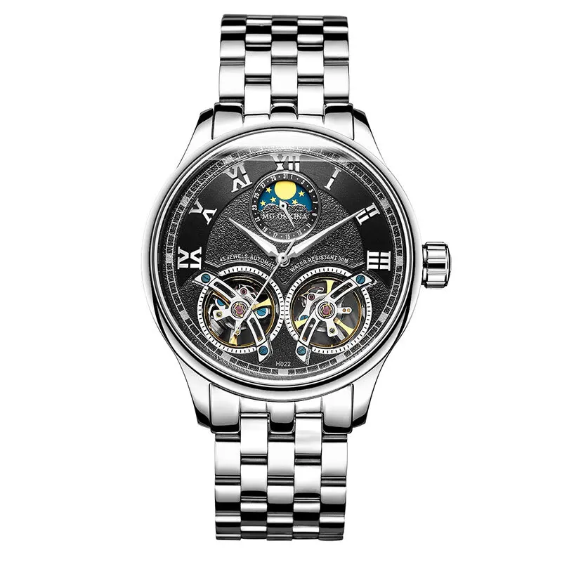 Двойной турбийон Moon Phase часы автоматические механические из нержавеющей стали