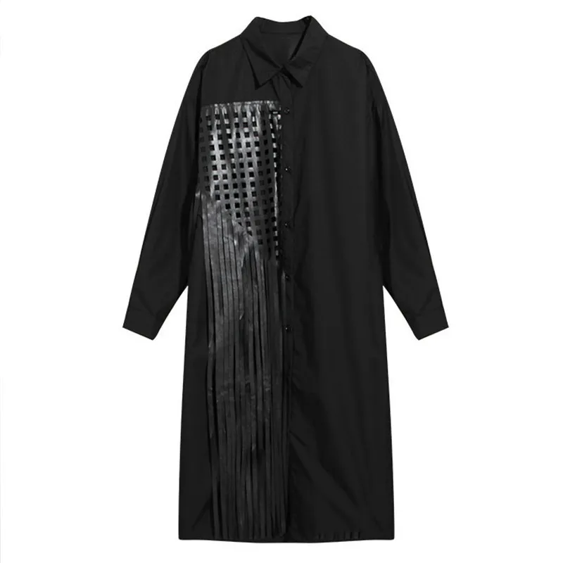Twojstyle Patchwork Tassel Shirt Big Long sleeve large size CasuaL black Tops Loose Blouse Woman Fashion Korean clothing |