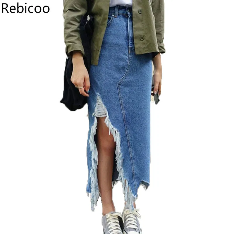 

Ассиметричные длинные юбки-макси для женщин, летняя одежда, уличная одежда, стильные джинсы с кисточками, женские повседневные юбки с разре...