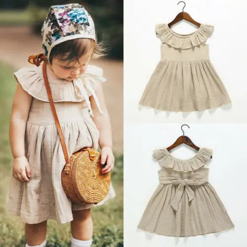 Летнее Детское платье для маленьких девочек с рукавами рюшами и круглым вырезом