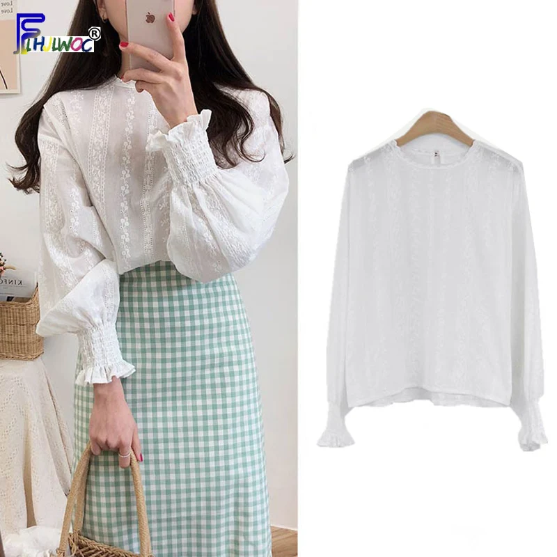 Женская белая блузка милые сладкие Топы Рубашки с длинным рукавом в стиле преппи