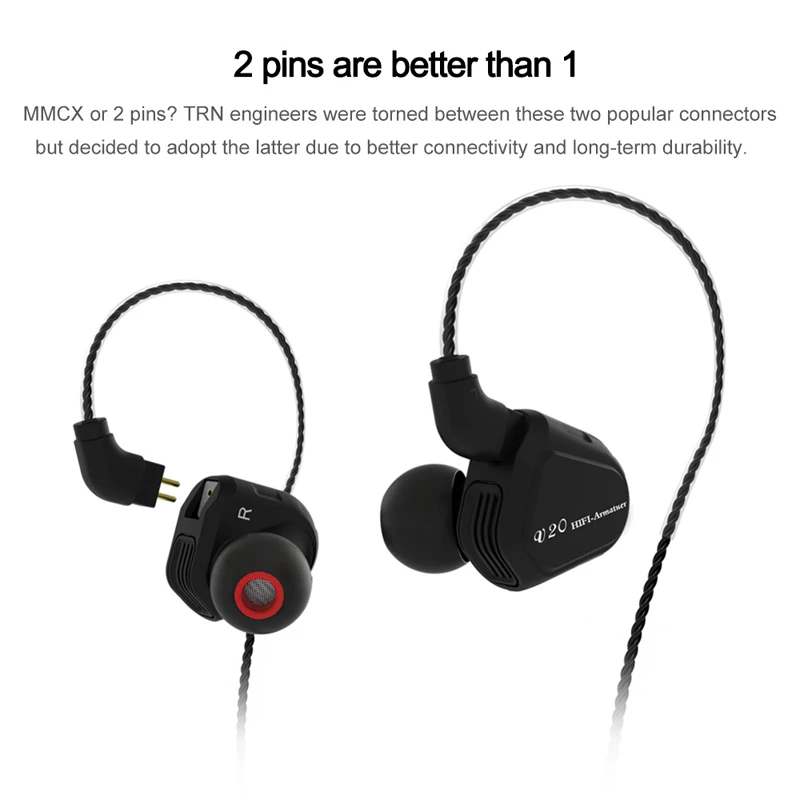 Гибридные наушники TRN V20 DD + BA спортивные для бега Hi Fi сбалансированные арматурные
