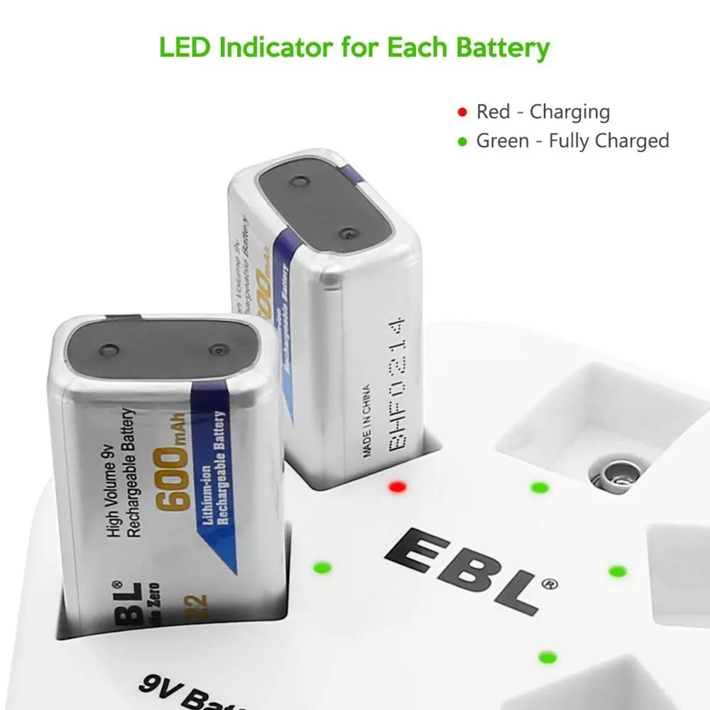 Быстрое зарядное устройство EBL для литий ионных аккумуляторов с USB 9 В 5 упаковок 600