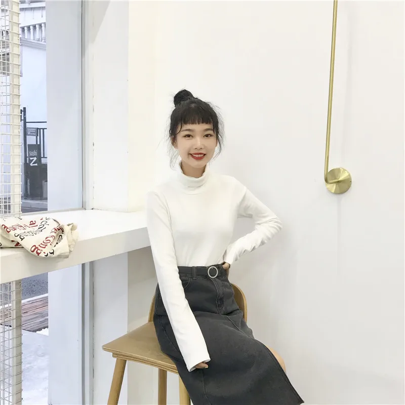 2019 г. Осенняя Корейская Ulzzang водолазка одноцветные футболки Для женщин