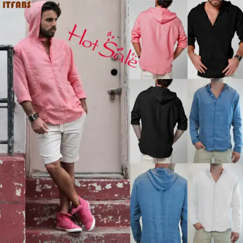 2019 fashion Spring men's casual hooded slim shirt V-neck long sleeved Solid Full Sleeve | Мужская одежда