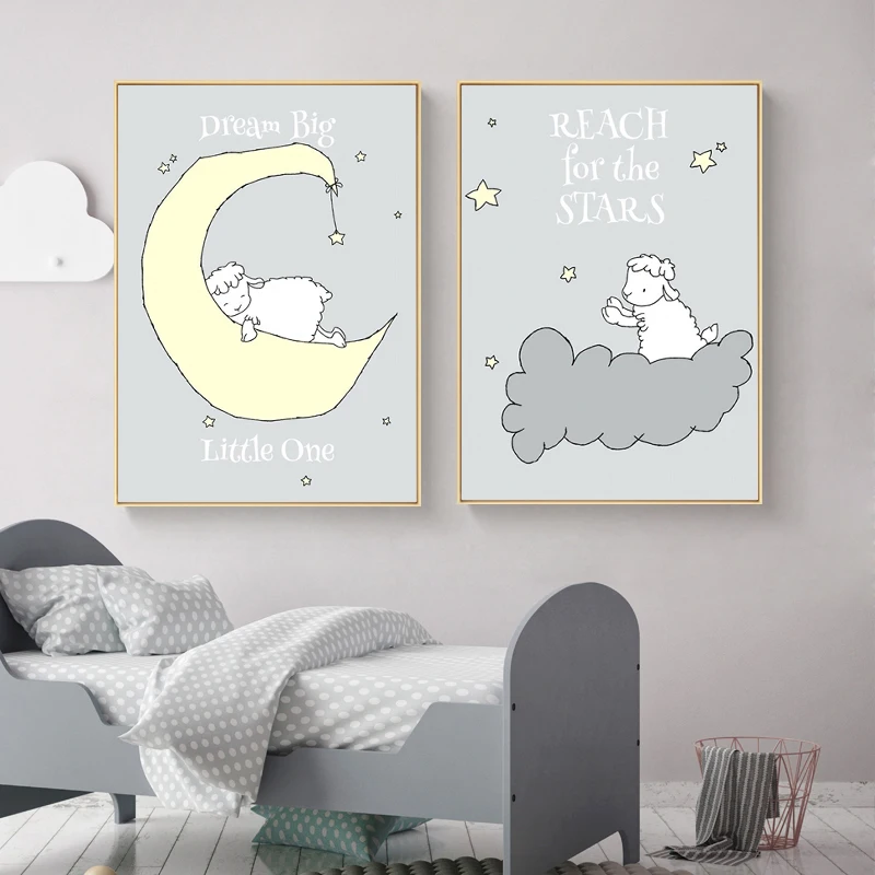 Lamb Moon and Stars Nursery Wall Art Canvas Painting Cartoon Posters Prints Nordic Kids Decoration Pictures Boys Bedroom Decor|Рисование и