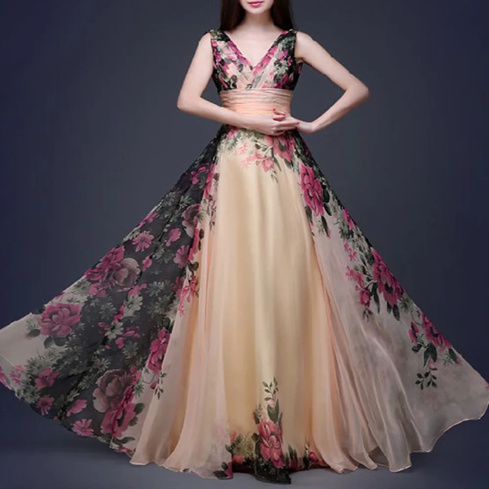 Летние женские цветочные длинные шифоновые вечерние с v-образным вырезом