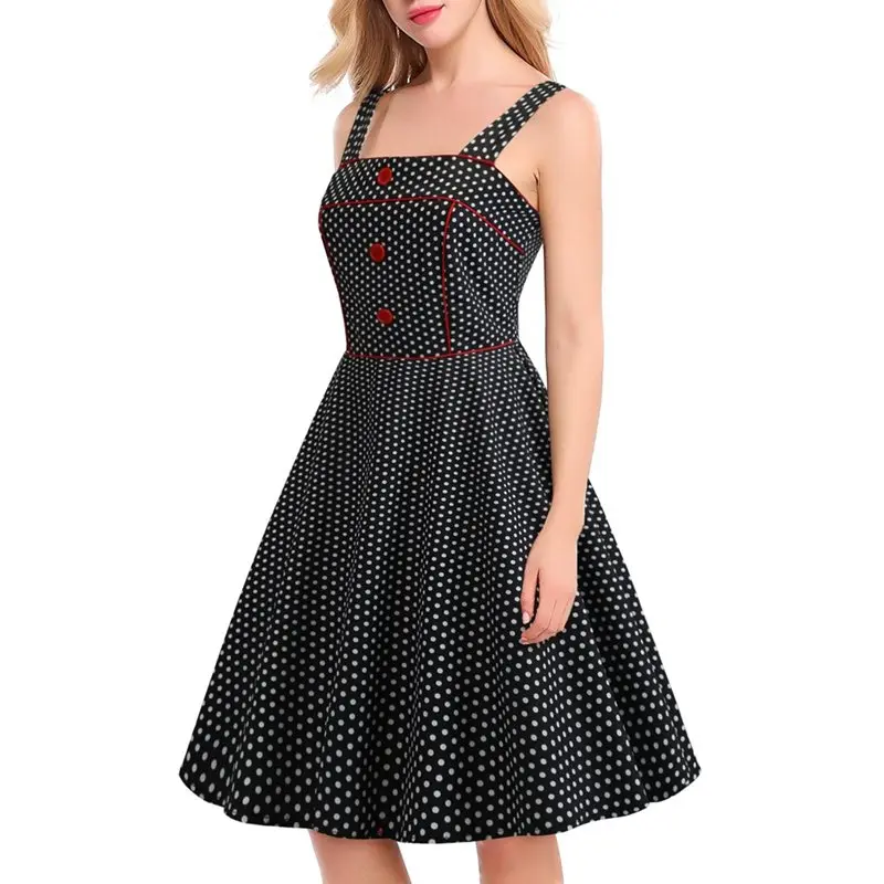 Ретро в горошек платья женские летние без рукавов трапециевидной формы черные