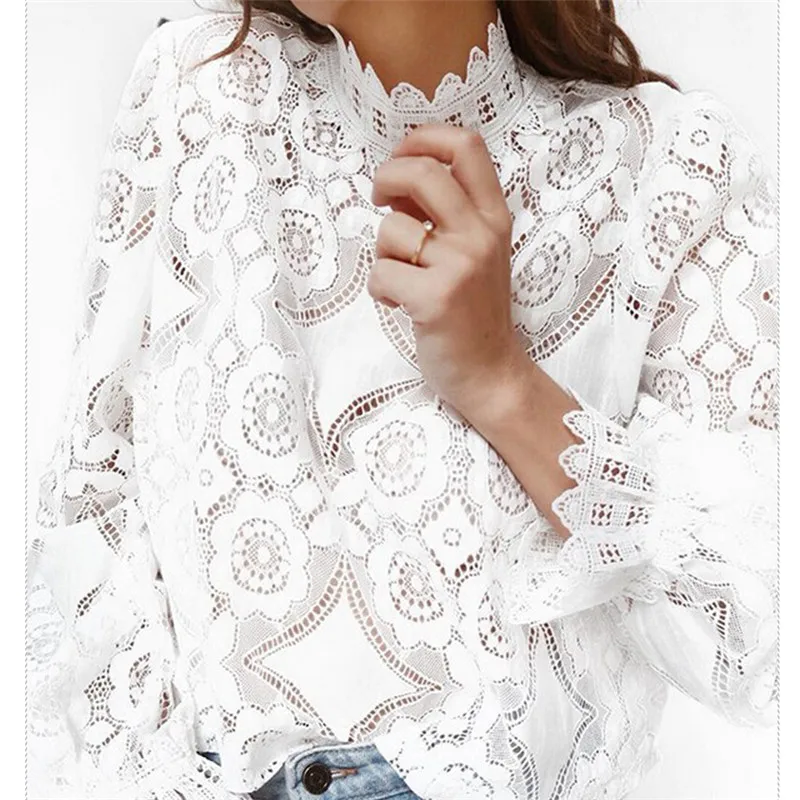 Женская кружевная блузка с длинным рукавом высоким воротником|Блузки| |