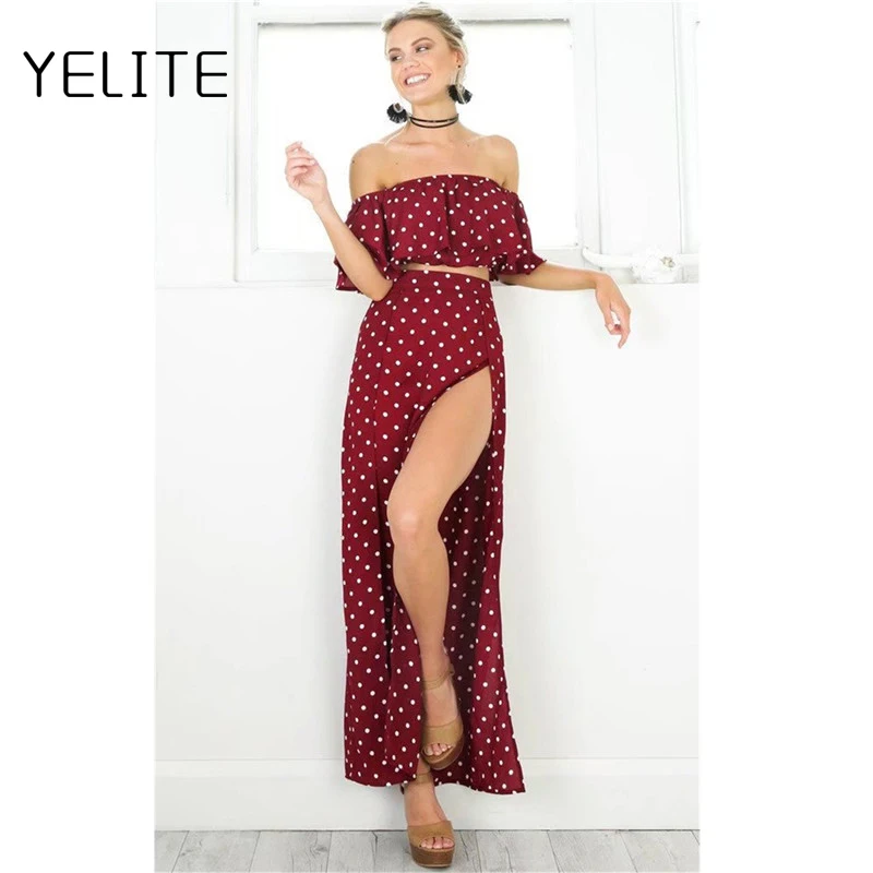 Женское длинное платье Lily Rosie красное винтажное с открытыми плечами в горошек