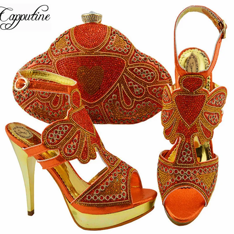 

Hot Sale Orange Color Woman Shoes And Bag Set African Design Rhinestone High Heels Shoes And Bag Set For Party Dress