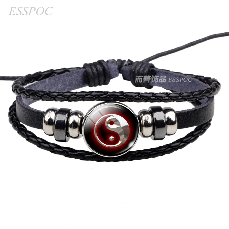 Кожаный браслет со стеклянным кабошоном Yin Yang Tai Chi украшения плетеные