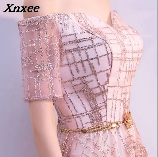 

Xnxee short Sleeve Mermaid Dresses Appliques Gold lace sweep train formal dress for Women Xnxee