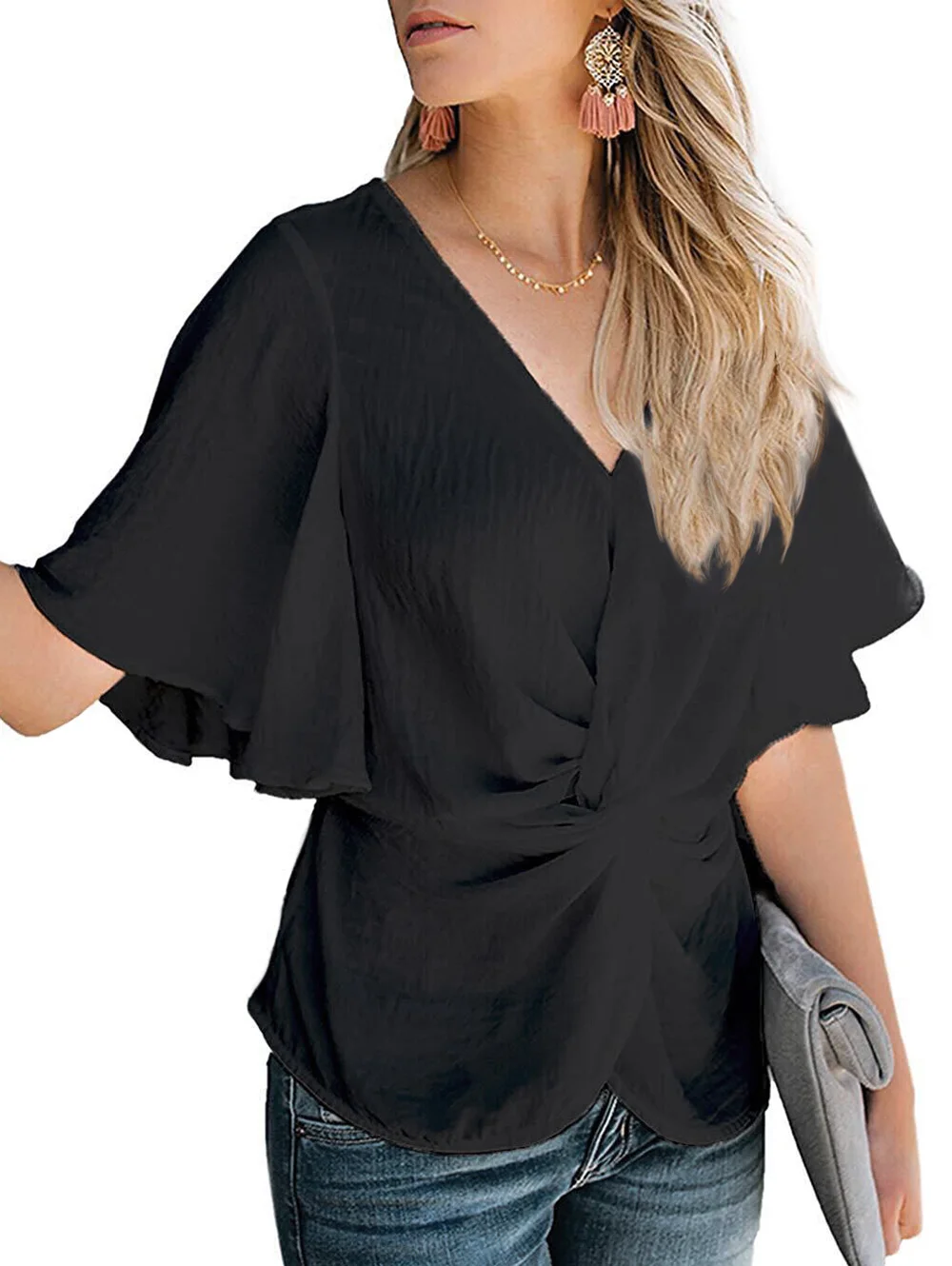 Kenancy Butterfly Sleeve V Neck Twist Blouse Women Spring Summer Casual Blouses Solid Color Black White Ladies Shirts 2019 | Женская