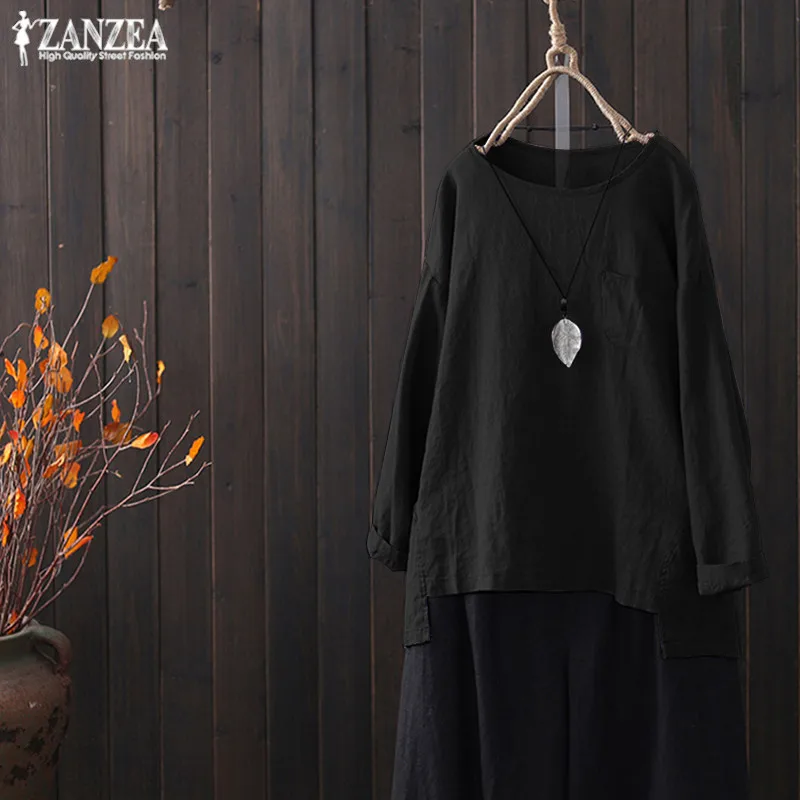 2021 Oversized ZANZEA Spring Women Casaul O Neck Long Sleeve Shirts Tops Vintage Solid Cotton Linen Party Loose Blouse Female | Женская