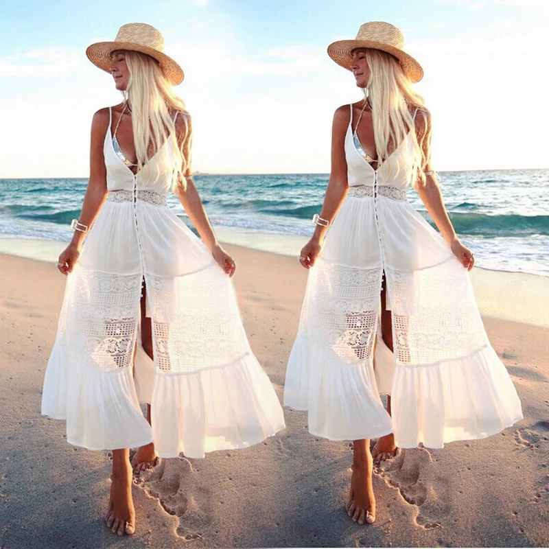 Женское белое кружевное платье Boho Summer вечерние ремешком вечернее свадебное