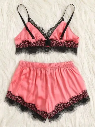 Женский пижамный комплект из 2 предметов Сексуальный Атласный кружевной боди с v