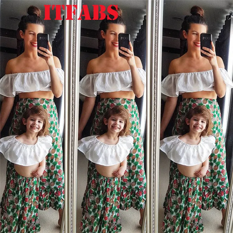 

New Mommy and me clothes Off shoulder Family t shirt Top+Skirt Mom and daughter dress Mom and daughter Family matching clothes