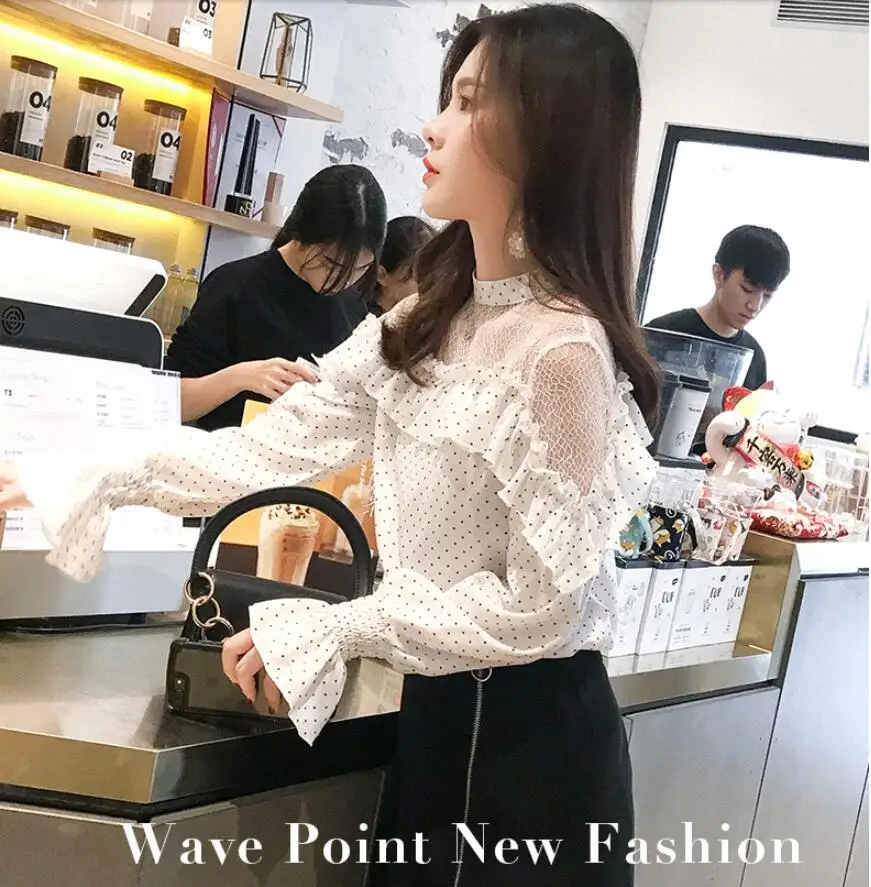 В горошек шифоновая рубашка для женщин 2019 новая мода сетки шить Раффлед с длинным