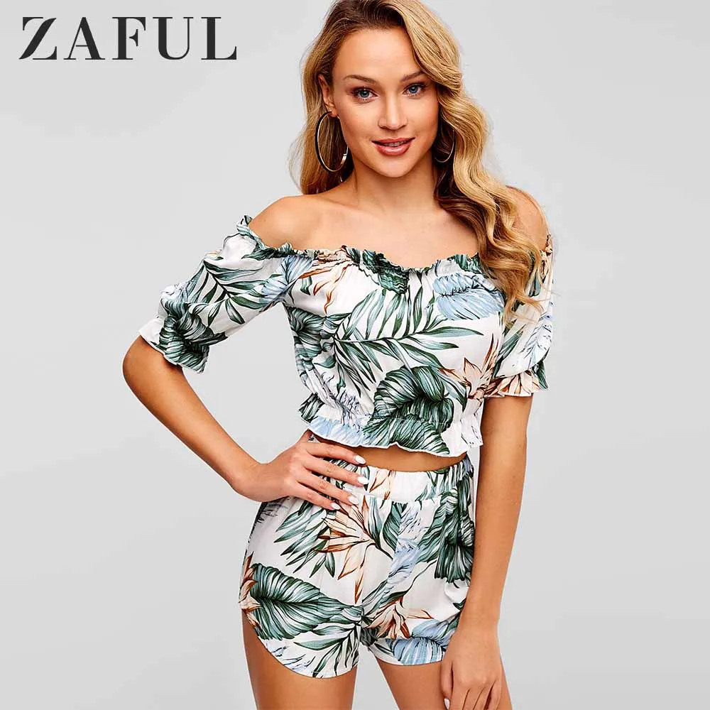 ZAFUL Женщины Устанавливает Листья Печати С Плеча Топ И Шорты Набор Пуловер