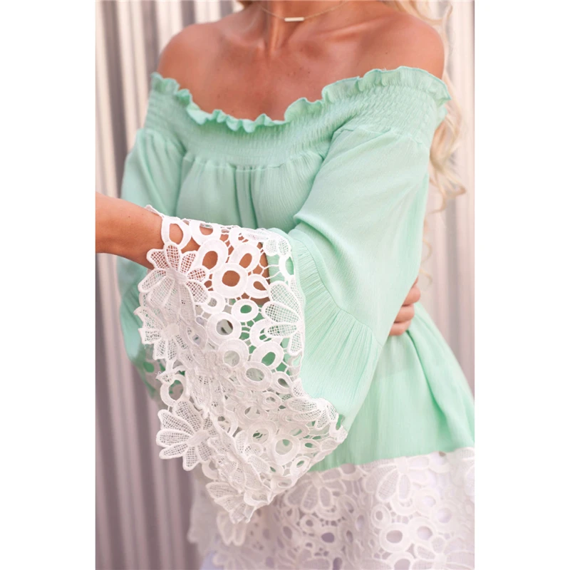 New fashion women summer off shoulder long flare sleeve shirt ladies casual lace floral blouse loose tops | Женская одежда
