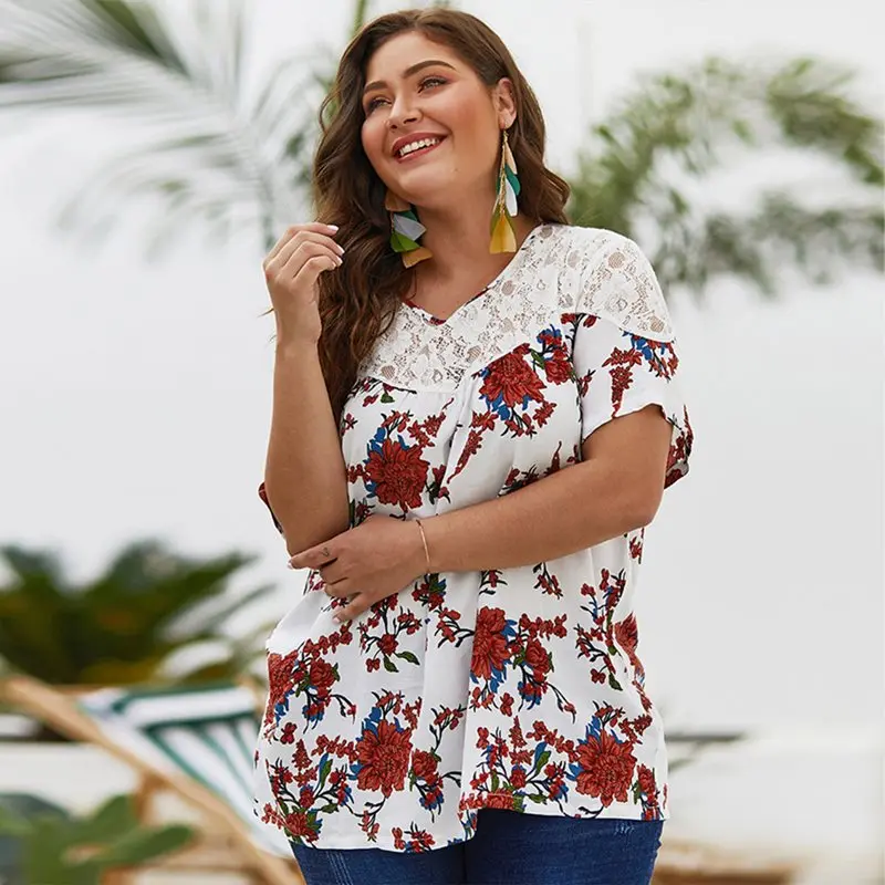 Для женщин Цветочный принт шифон футболки для мальчиков новые стильные плюс
