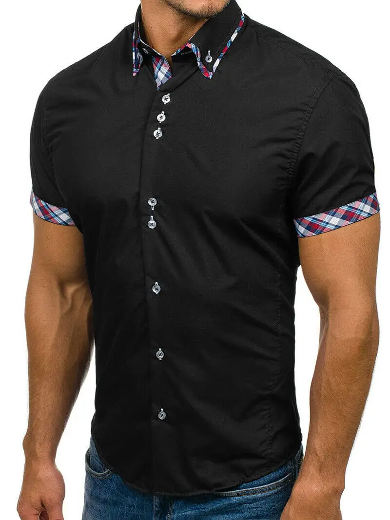2019 New Style Fashion Hot Men's Slim Fit Short Sleeve Patchwork Casual Shirt Tops Button Muscle Tees | Мужская одежда