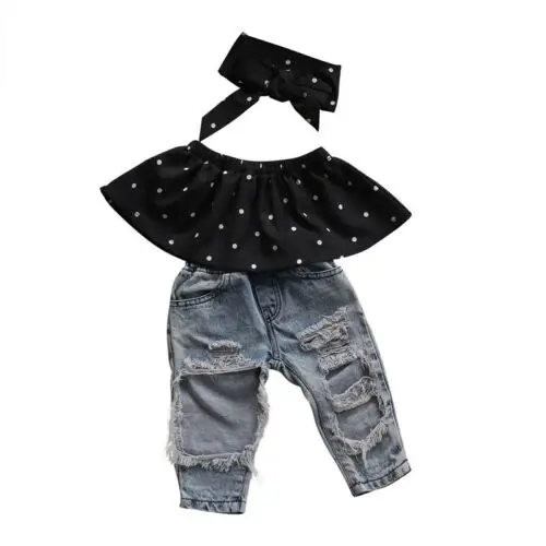 Toddler Baby Bibs Girls Cute Dot Sleeveless Ruffle Tops+Hole Blue Jeans Bow Headband Outfits 3pcs Children Clothes Set Sunsuit | Детская