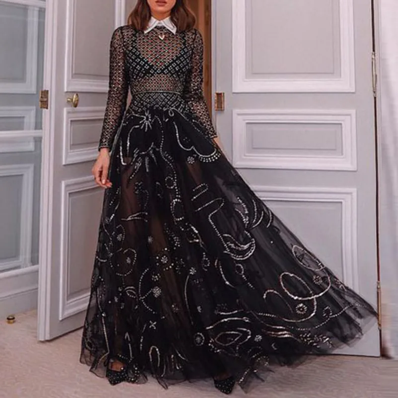 Черное длинное платье сексуальное прозрачное Сетчатое с длинным рукавом vestidos femme