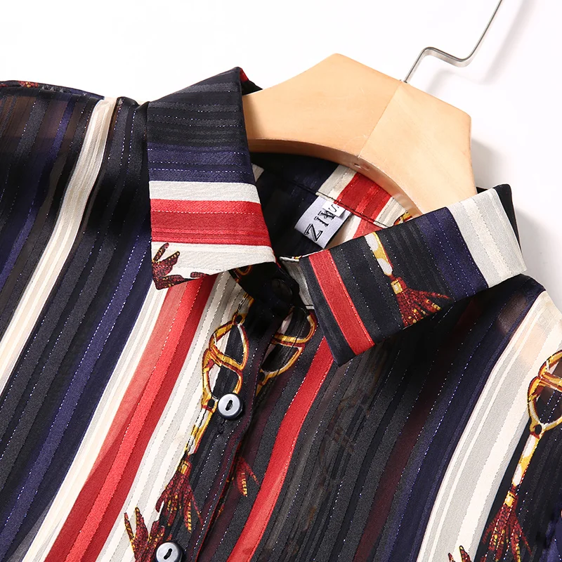 

2019 Runway Blouse New Women Shirt Print Quality Fashion Long Sleeves Shirt Female Top strip chiffon shirts