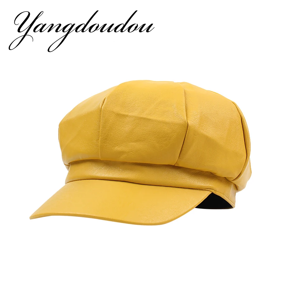 Fashion Bright PU Leather Newsboy Cap Mrs. Messer Painter Octagonal Detective Hat Visors Female Gorras Harajuku Wholesale |