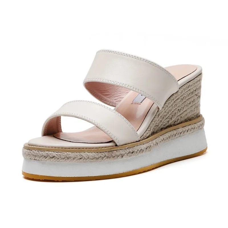 Women Wedges Heel Slippers Summer Genuine Leather Outside Platform Shoes Woman Black Beige Yellow High Heels Slides Sandal D018 | Обувь