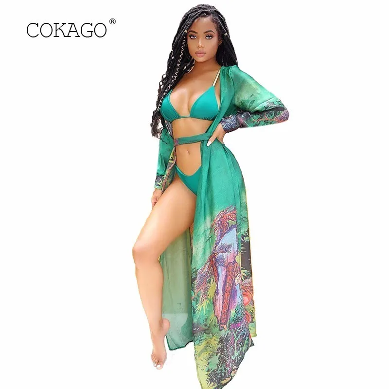 COKAGO Pink Sexy String Bikini Set+Beach Cover Up Women Floral Belt Long Dress Summer Plus Size 3pc Swimsuit Suit Mujer 2019 |