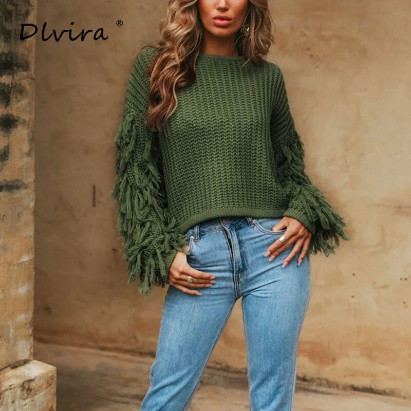 Green femme pullover loose neck female sweater autumn women 2018 winter pull Tassel jumper knitted Casual army O | Женская одежда