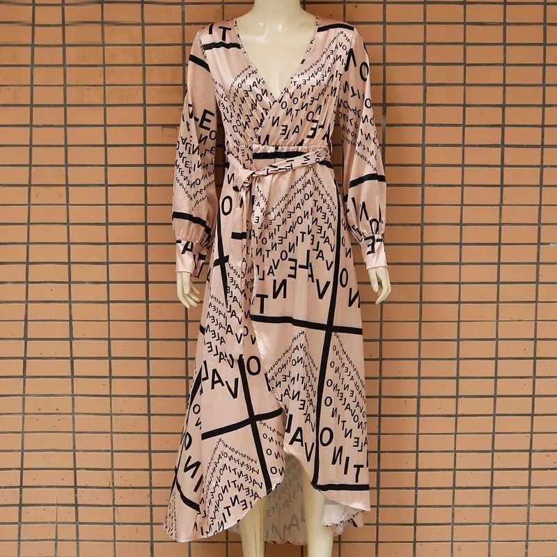 COKAGO Deep V Neck Long Dress With Belt Letter Print Sleeve Maxi Dresses For Woman High Split Plus Size Summer 2019 | Женская одежда