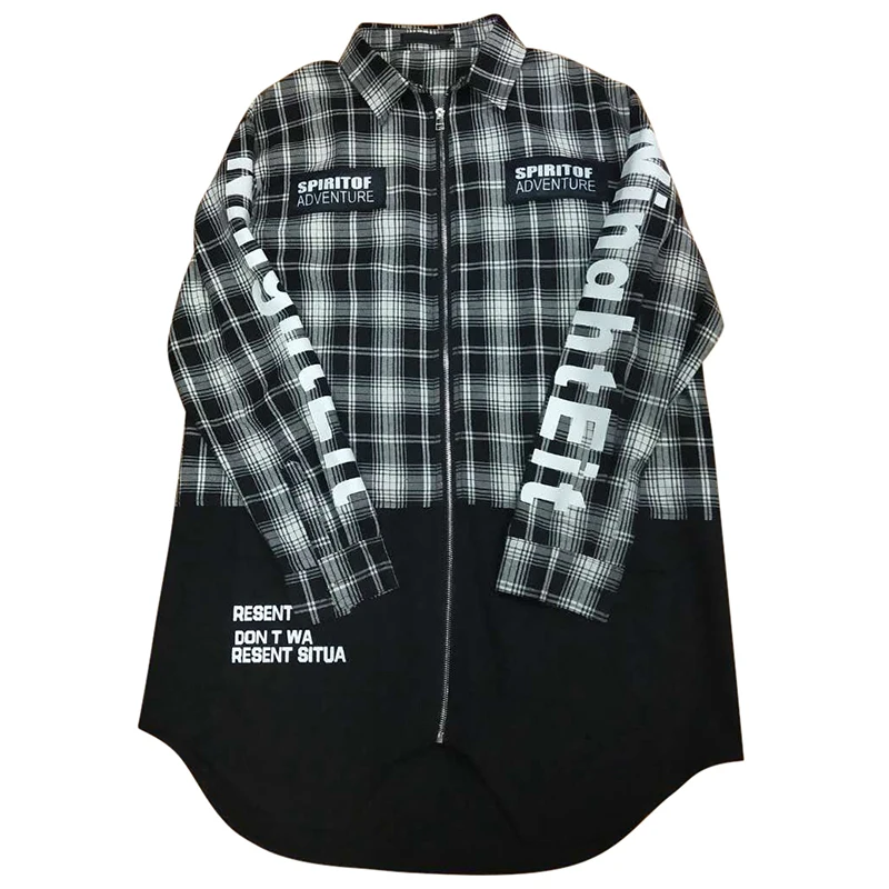 Мужская рубашка в черно белую клетку стиле хип хоп с принтом длинными рукавами