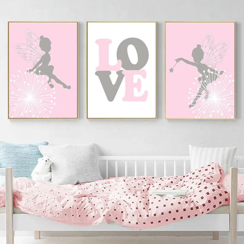 Розовый мультфильм фея стены искусства холст картина скандинавские постеры и