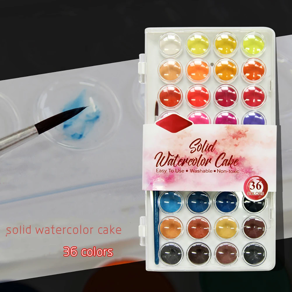 36 Colors Solid Watercolor Pigment Cake Brush Set Artist Drawing Painting Tool Pen Students Art | Канцтовары для офиса и дома