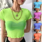 Топ женский однотонный Блестящий Прозрачный сетчатый, облегающий укороченный топ, повседневная прозрачная короткая футболка с коротким рукавом и круглым вырезом, лето 2019