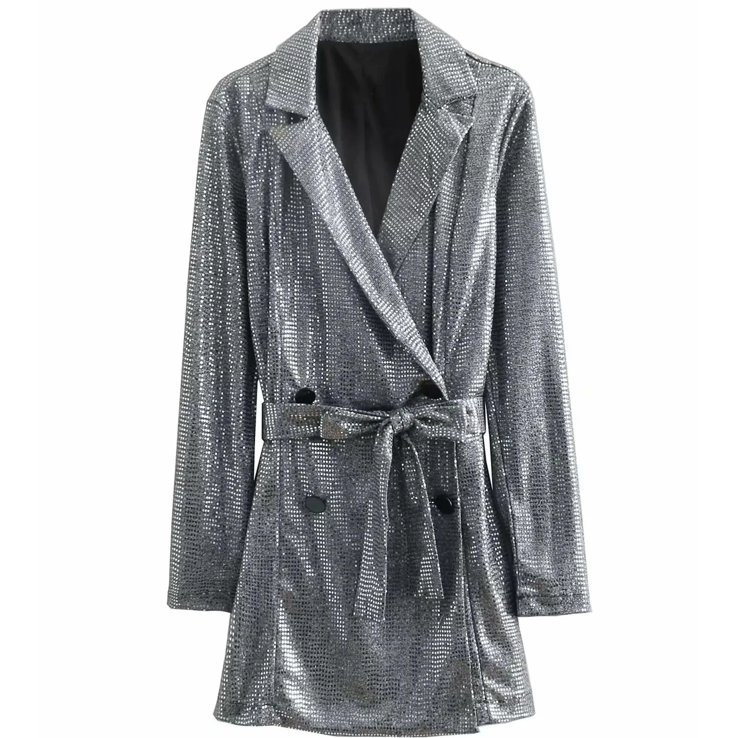 Женский комбинезон с серебристыми блестками свободный двубортный поясом