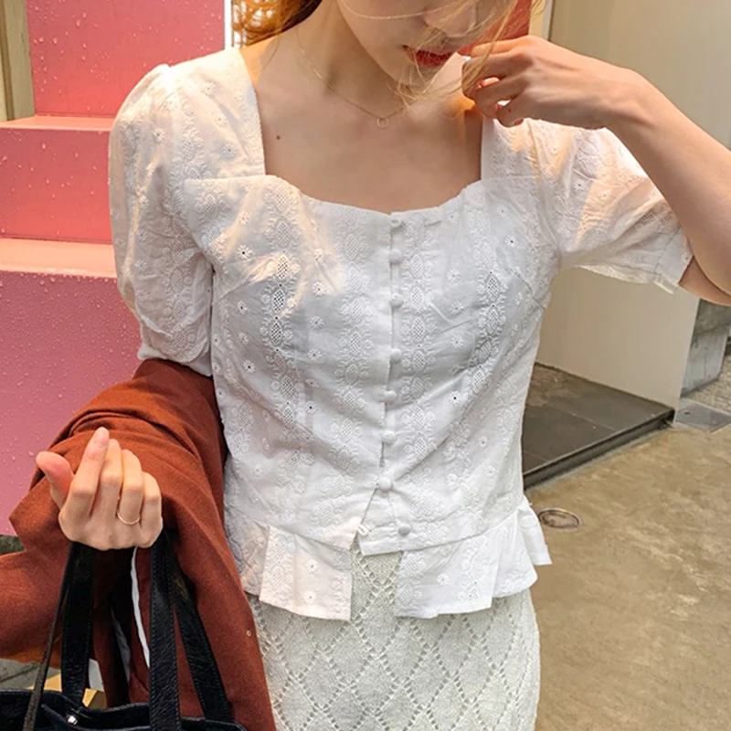 SISPELL Summer Solid Women's Shirt Square Collar Short Sleeve Button Ruffles Slim Blouse Top Female Fashion New Tide Korean 2019 |