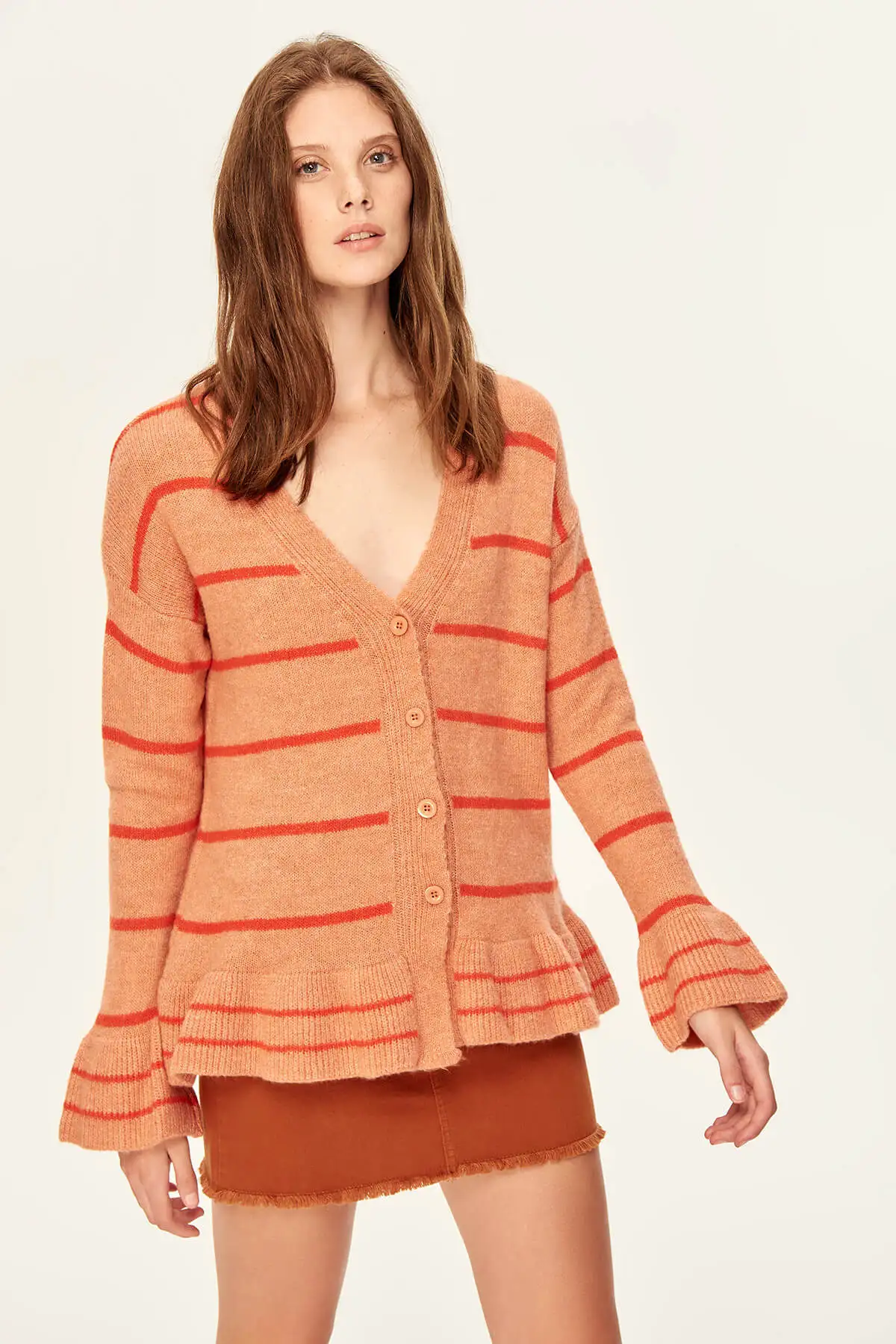 Trendyol Striped Cardigan Sweater Skirt Peach Flywheel End TCLAW19FV0013 |