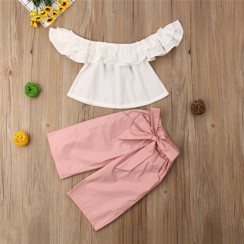 2Pcs Toddler Kids Baby Girl Princess Off Shoulder Crop Top Pants Outfits Clothes Cute Set Suit Fashion Casual Summer Sleeveless | Детская