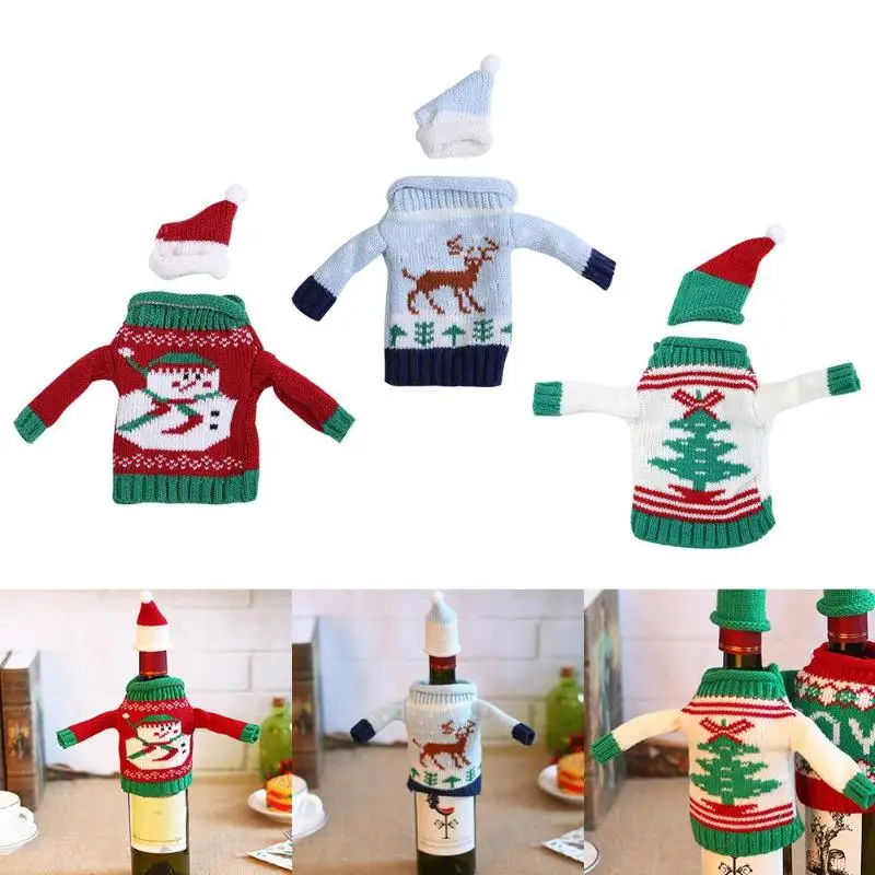 Knitting Christmas Wine Bottle Cover Set Sweater With Hat Xmas Decor | Дом и сад