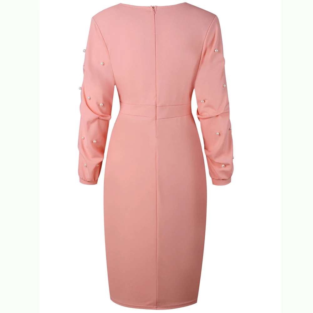 Elegant Women Dress Puff Sleeve V Neck Beading Sheath Bodycon Vestido Hot Pink Midi Party Dresses Work Office Robe | Женская одежда