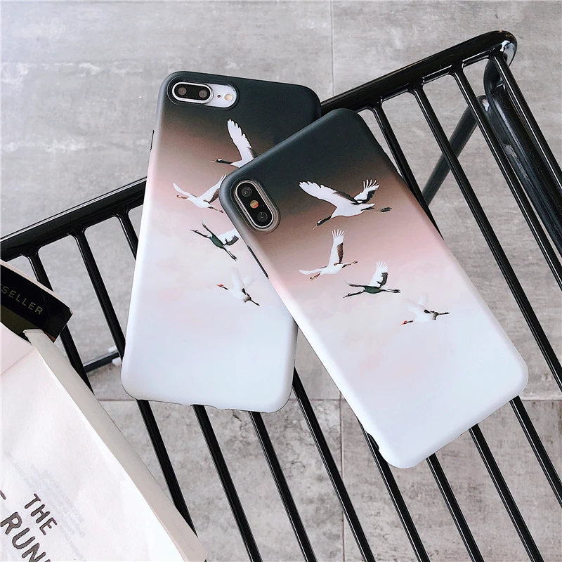 3CPizai For iPhone Xs Max XR Cases Retro Japanese crane Apple iphone X 6 7 8 Plus 6s Phone Soft Covers Shockproof |
