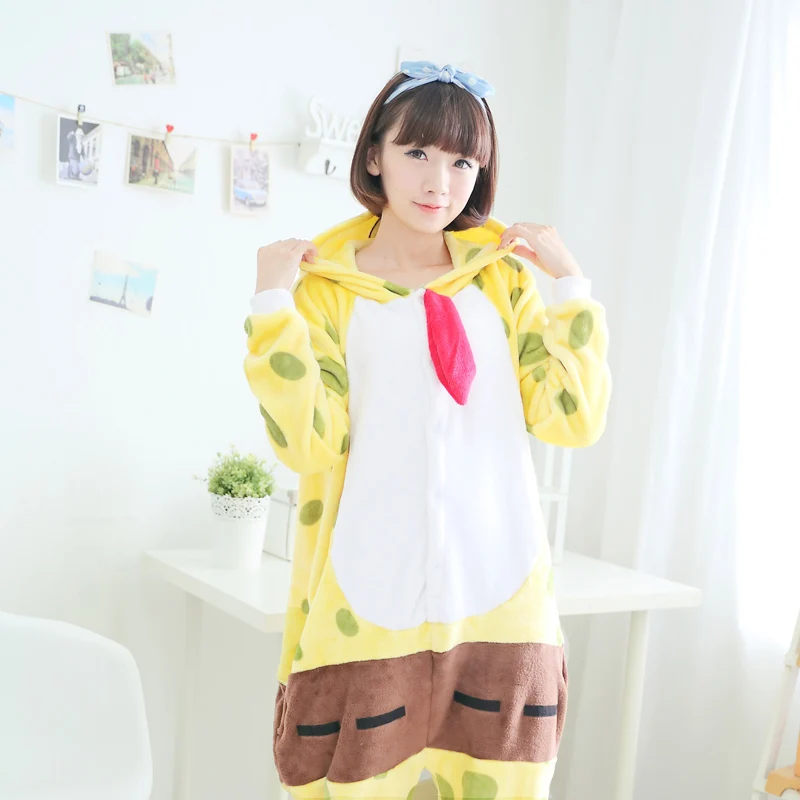 Dropshipping Adult Women Animal Pajamas SpongeBob Suit Flannel Warm Soft Sleepwear Overall Comfortable Cosplay Yellow |