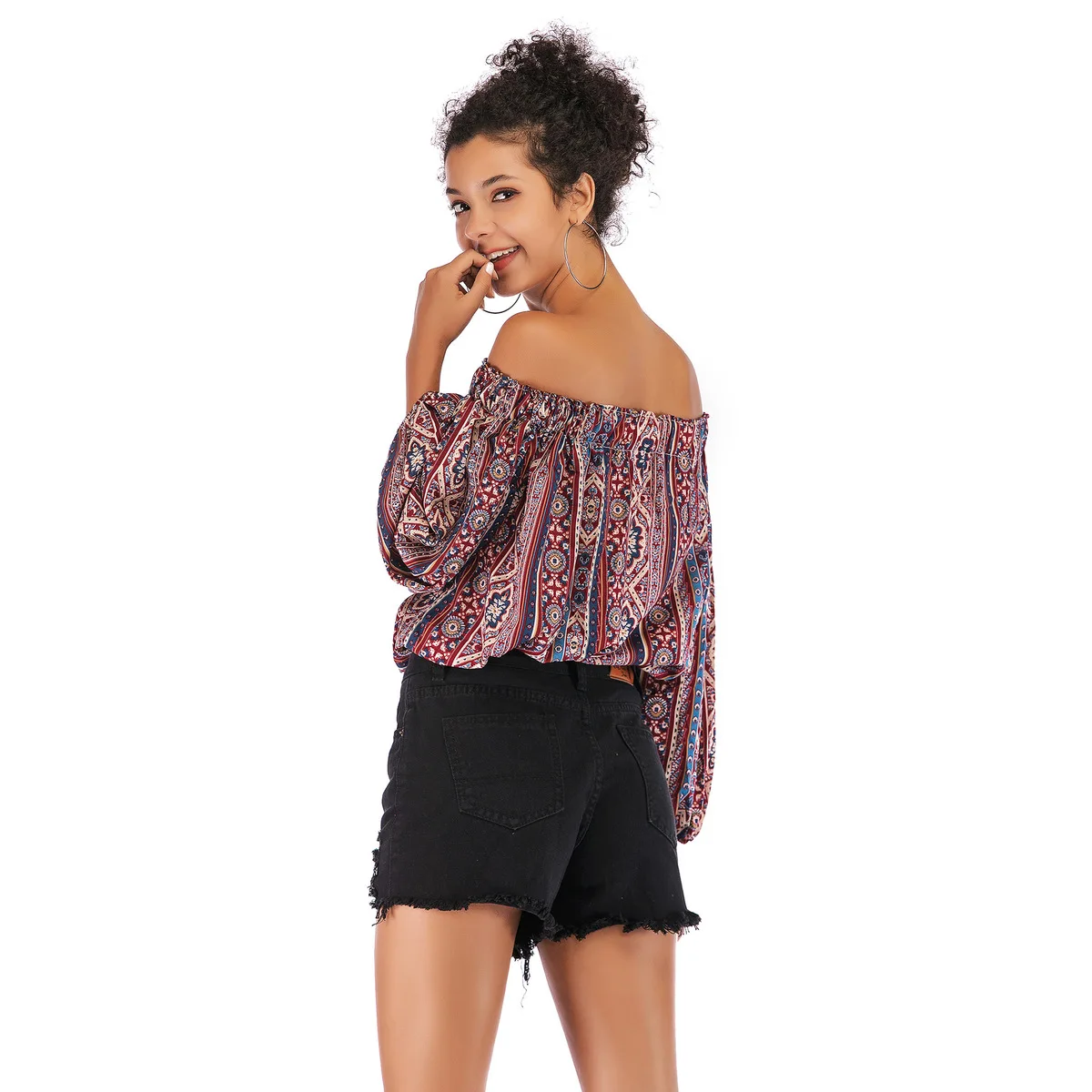 SARSALLYA Fashion One Word Lead Sexy Strapless Printing Chiffon Shirt Long Sleeve Pullover Restore Ancient Ways Nation Wind |